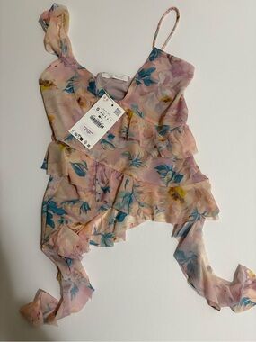 Zara Floral Pink Ruffle Camisole Top